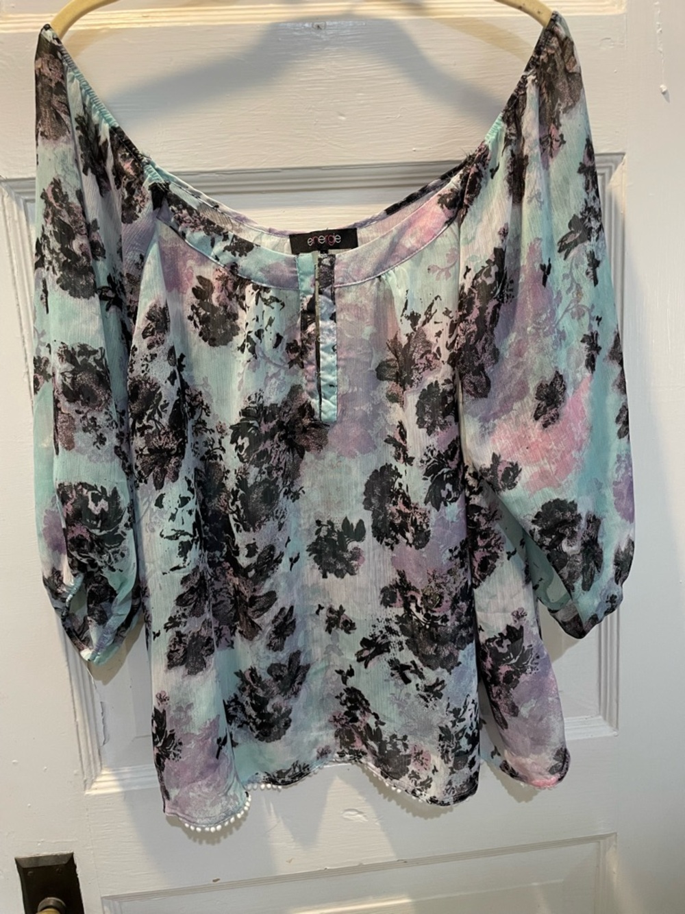 Vintage Y2K Floral Peasant Blouse in Mint & Pastel Purple, XL, Festival Wear